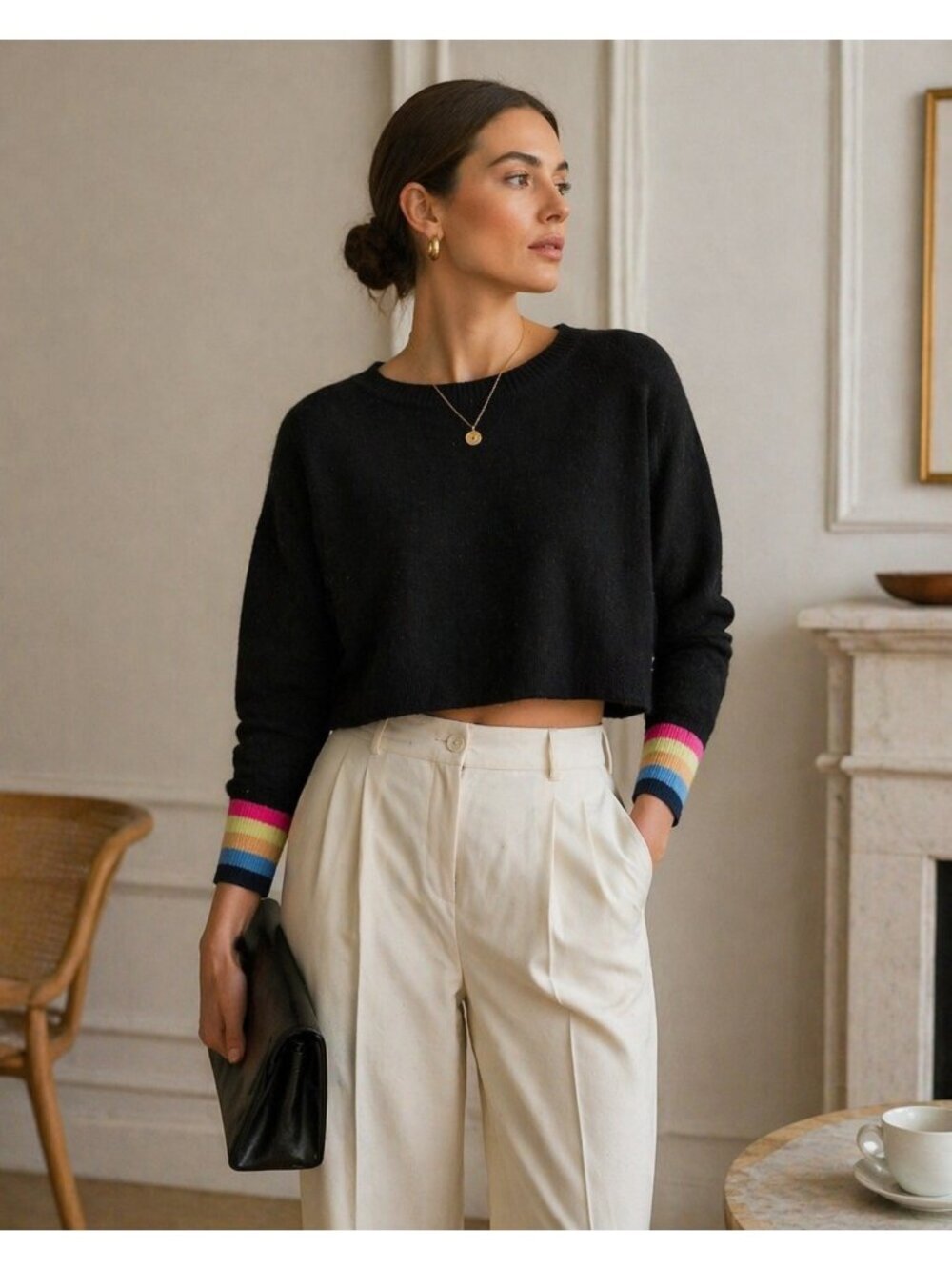Michael Lauren 100% Cashmere Cropped Sweater Black Rainbow Sleeve M Made Italy